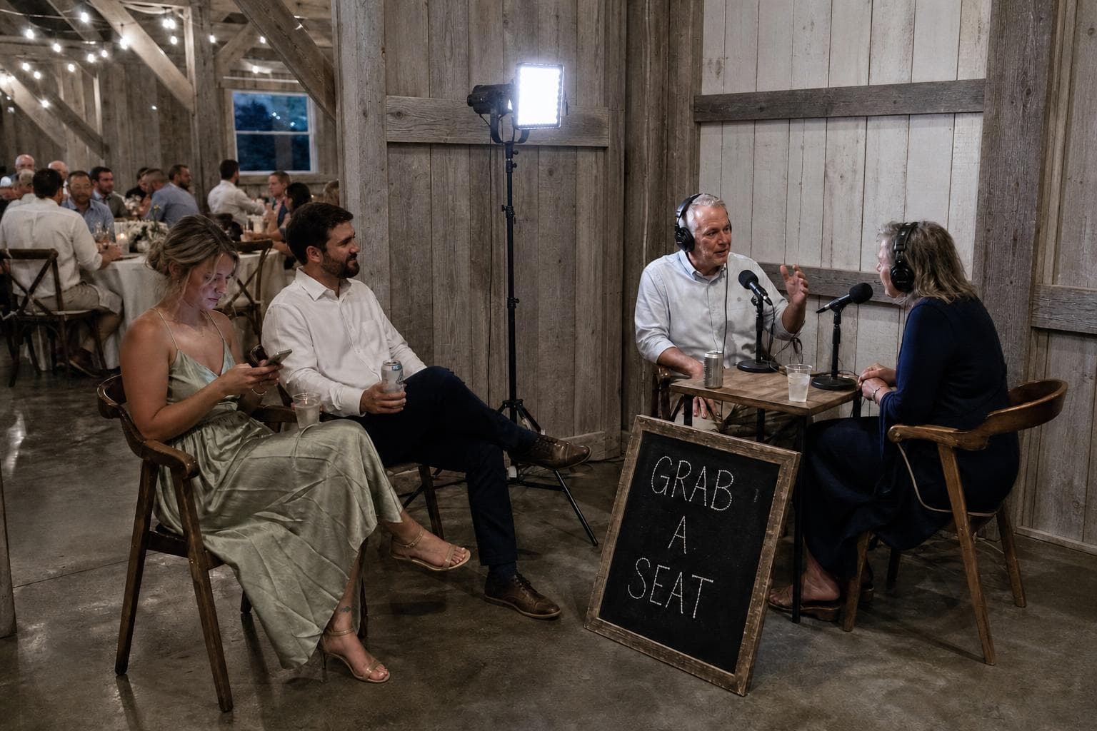 A podcast studio at a barn reception: a guest interviewed at a two-mic table under a studio light while others wait their turn beside a Grab a Seat chalkboard