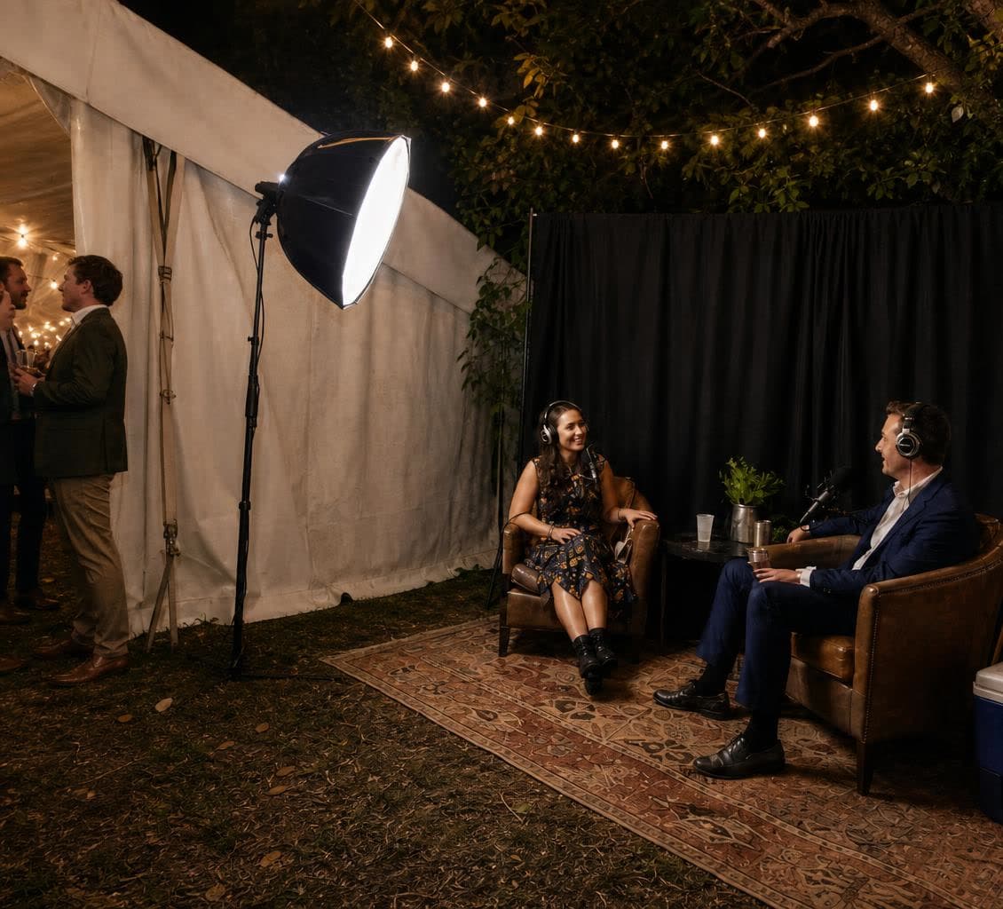 A podcast studio at night under string lights: a host interviewing a guest in leather armchairs on a rug, lit by a softbox